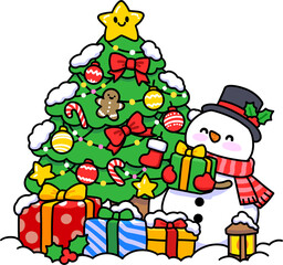 Fototapeta premium Cute Christmas Tree with Snowman and Gift Boxes Illustration