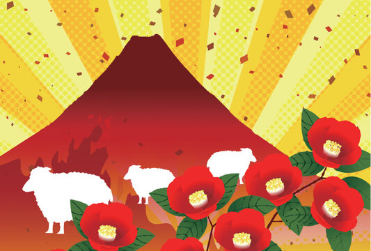 ポップアート調の富士山と赤い椿の花と白いシルエットの動物たち