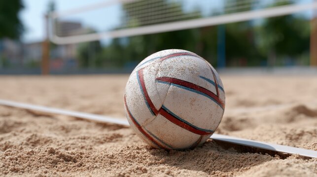 Volleyball ball resting on sandy surface of a beach volleyball court with net and blurred background of trees and urban structures in a sunny outdoor setting