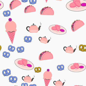 Seamless pattern of tacos, ice cream, pretzels, and teapots