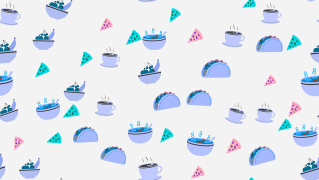 Seamless pattern of tacos, pizza, fruit bowls, and coffee cups