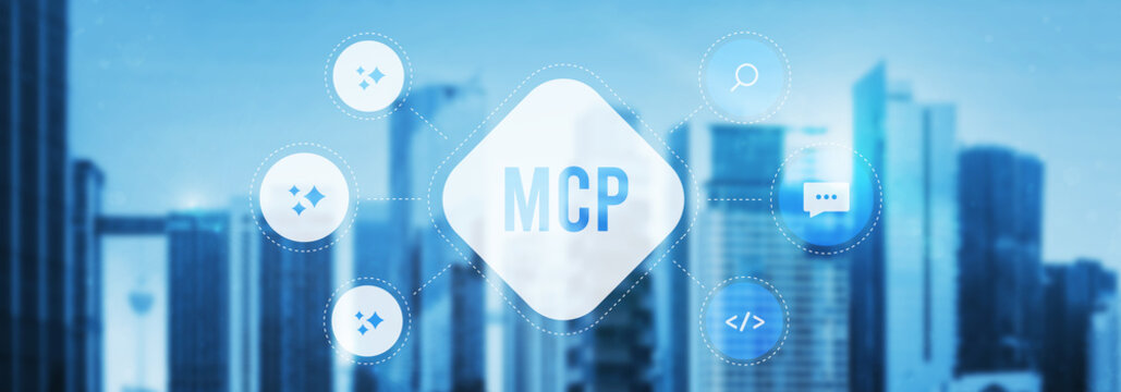 MCP integration connects AI agents with external tools, data and services through Model Context Protocol. MCP enables tool access, context sharing and agent workflows across systems, digital collage.