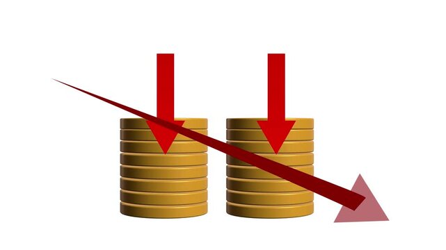 3D Gold Coins Stacking Animation with Falling Red Arrow Financial Loss Concept