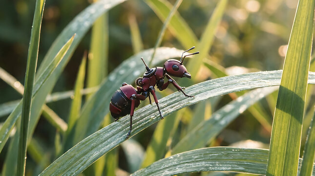 Futuristic Bionic Ant Robot Crawling on Green Leaf Blade in Outdoor Nature with Morning Dew Sunlight Background Concept