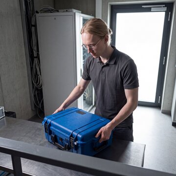 IT-Techniker tr&auml;gt blauen Transportkoffer im Serverraum