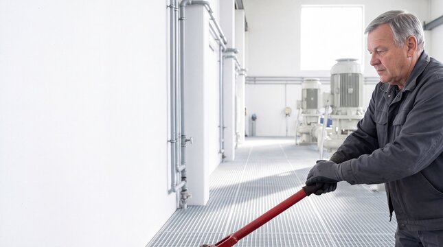 Techniker &ouml;ffnet Ventil in Pumpenhalle des Wasserwerks
