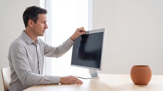 Mann schiebt Webcam Abdeckung &uuml;ber Monitor zum Schutz der Privatsph&auml;re
