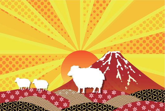 朝日と富士山そして鮮やかな和柄模様の白い動物たち