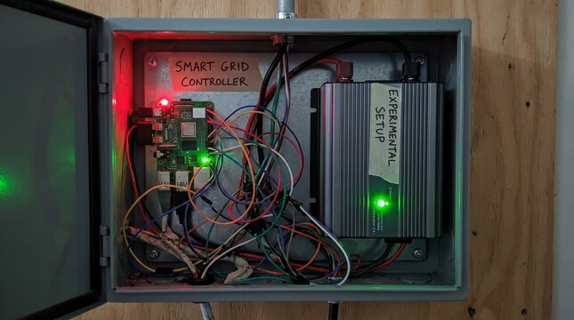 Conceptual close up of an open enclosure with a microcontroller and power inverter