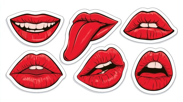 Illustration of six red lips in different expressions and poses, featuring smiles, pouts, and a tongue out, styled like stickers with bold outlines.