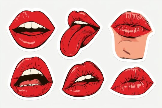 Six illustrated red lips stickers showing different expressions including open mouth, tongue out, and puckered lips.