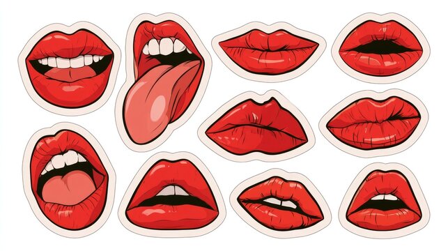 Illustrated red lips in various expressions and poses, including biting, sticking out tongue, and puckering.