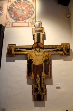 San Gimignano, Italy 03.04.2020: Painted crucifix by Maestro di Varlungo