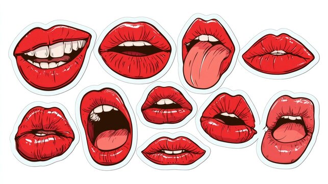 Colorful hand-drawn illustrations of red lips in various expressions, including open mouths, tongues out, and smiling teeth.
