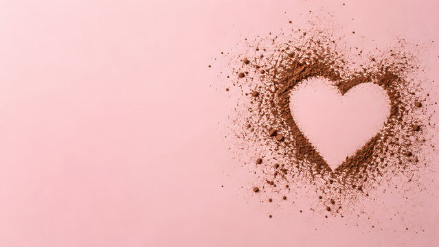 Heart shape created with cocoa powder on pink background evokes feelings of love and sweetness