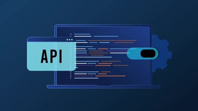 API integration animation for software development, web services and data exchange. Developer code interface with API toggle for backend systems, automation and digital applications.