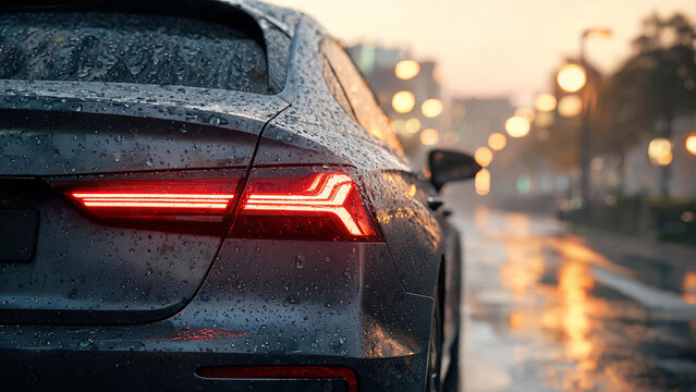 Illuminated modern car taillight on a wet urban road at dusk, with raindrops on the vehicle surface.