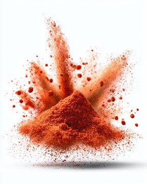 A vibrant explosion of red chili powder captured mid-air against a white background, emphasizing its fine texture and dynamic motion.