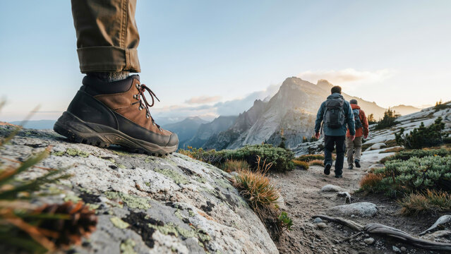 Hiking Boot on Rocky Mountain Trail with Backpackers for Trekking and Outdoor Adventure