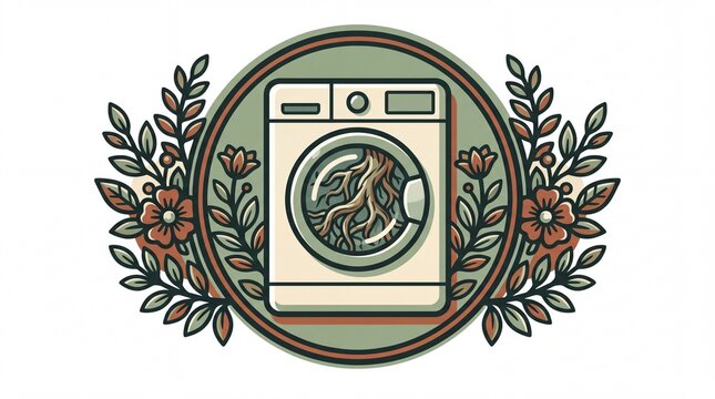 Retro vector illustration of washing machine with tangled roots inside botanical emblem