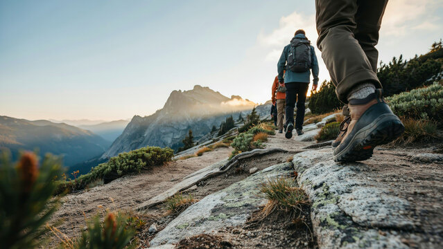 Mountain Hiking with Backpackers on Rocky Trail at Golden Hour for Outdoor Adventure and Exploration