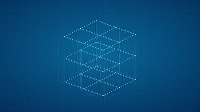 Expanding 3D Cube Wireframe on Technical Grid