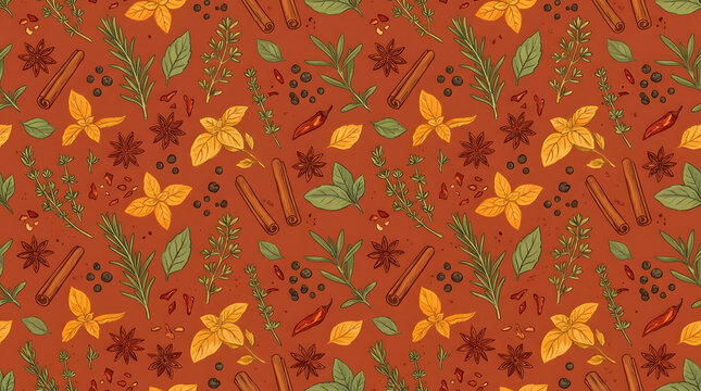 Seamless spice and herb pattern on brown background