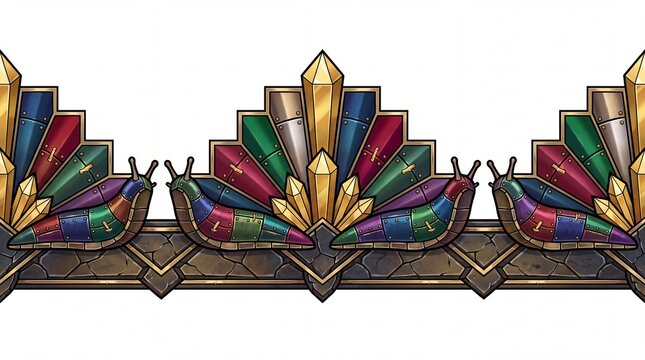 Art deco vector border with ornamental metal slugs and gold crystal fans