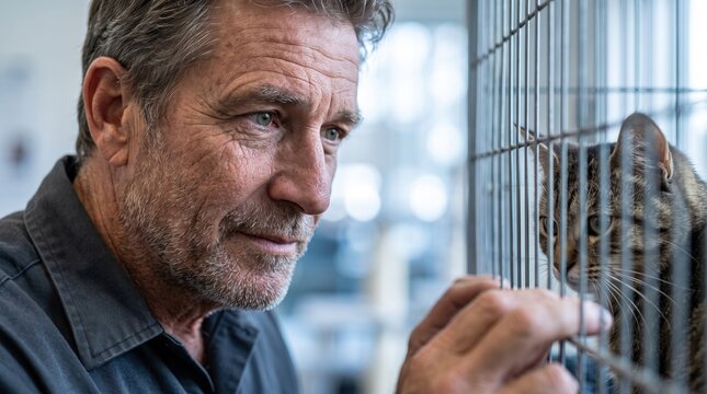 Mature man connecting with a rescued cat at an animal shelter