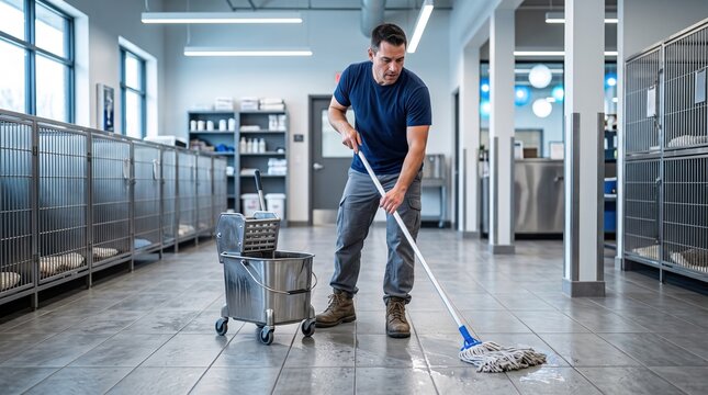 Dedicated man cleaning the floor of an animal shelter facility