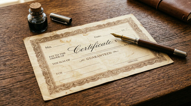 Antique certificate with fountain pen and ink bottle on wooden desk parchment paper document