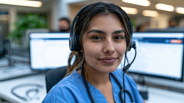Female nurse in blue scrubs wearing a headset smiles while seated at a call center desk with multiple computer monitors and a plant in the background