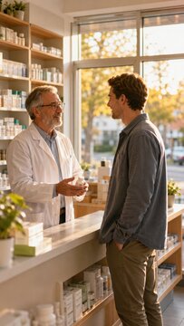 Male pharmacist in white coat consulting with customer at pharmacy counter, shelves filled with health products and natural light streaming through large windows
