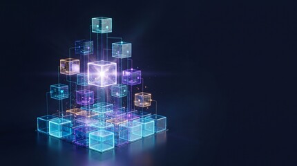 Obraz premium Interconnected digital glass blocks float over motherboard circuit board illustrating complex data network and artificial intelligence infrastructure