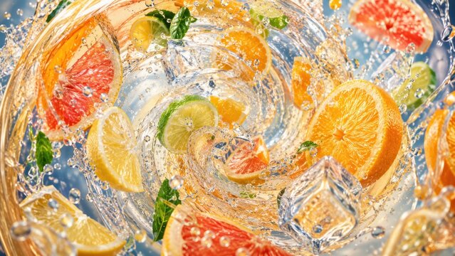 Refreshing citrus fruits in swirling water with ice cubes and mint leaf