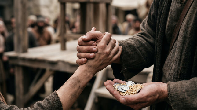 Hosea 3, The prophet Hosea lovingly redeeming his unfaithful wife Gomer from the slave market, paying with silver and barley.