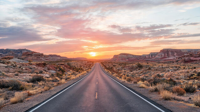 A straight asphalt highway stretches through arid desert terrain, leading toward a vibrant sunset sky with warm hues and distant rock formations.