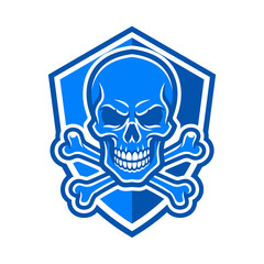 Fototapeta premium Minimalist flat vector emblem of a grinning pirate skull and crossbones in an angular geometric frame, designed with electric blue and white solid tones, perfect for competitive gaming teams or