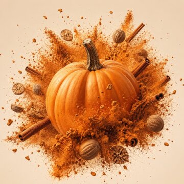 Explosion of pumpkin spice with cinnamon sticks, nutmeg, and whole walnuts, symbolizing autumn flavors