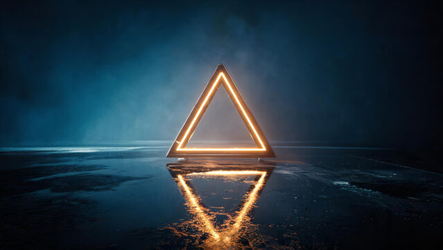 A glowing orange neon triangle stands on a dark reflective surface, set against a moody blue background with a sharp mirror reflection.