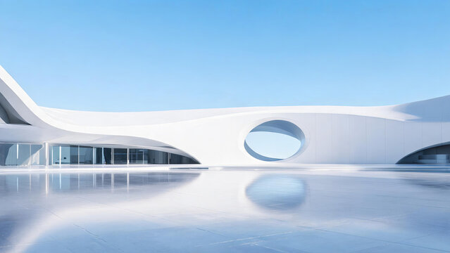 A sleek modern minimalist white building with curved forms, an oval opening, and reflective ground under a clear blue sky.