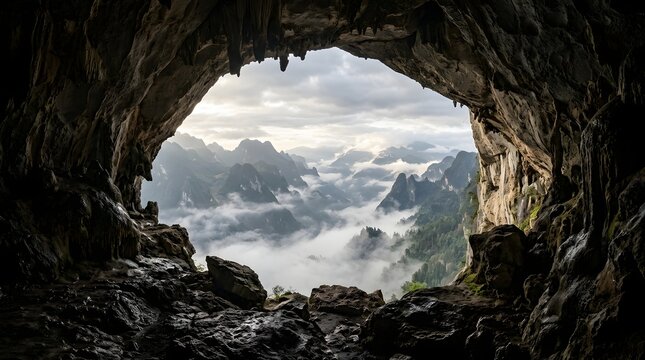 View from a dark cave opening to a bright sky with clouds and distant mountains