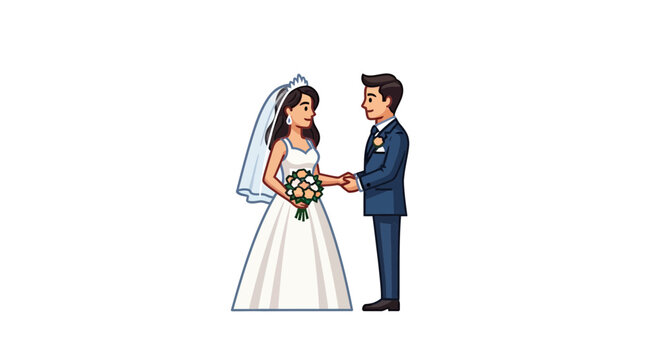 Cartoon illustration of a bride and groom holding hands at their wedding ceremony