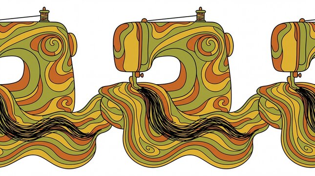 Psychedelic vector pattern of retro sewing machines and flowing hair threads