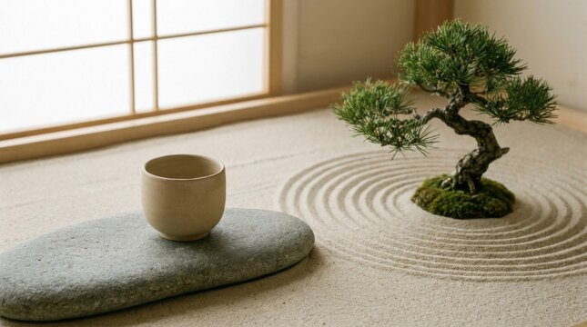 Japanese Zen Room with Bonsai Tree Raked Sand and Ceramic Tea Cup