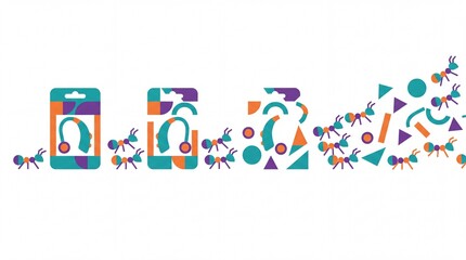 Fototapeta premium Geometric vector ants dismantling a hearing aid package in stages
