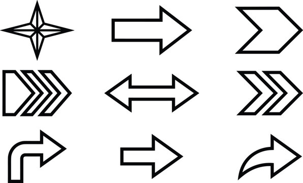 Black Outline Arrow Icon Set Featuring Directional Pointers Navigation Symbols Chevrons Double Sided Cursor Turning Sign and North Star Vector Illustration