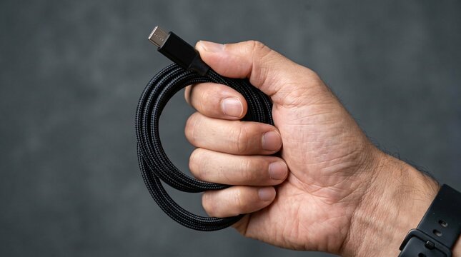Close-up of a hand gripping a coiled black braided USB Type-C charging and data transfer cable.