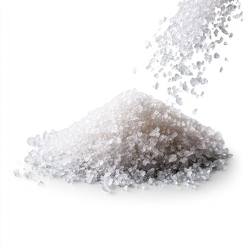 A pile of coarse salt crystals with additional salt falling onto it, all on a white background.