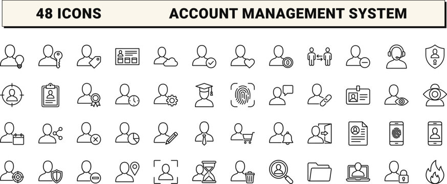 User Account Profile Management line icon set. Vector pictograms of identity, security, authentication, and avatar elements, thin linear illustration.